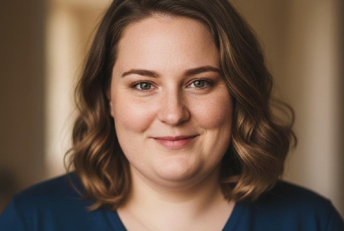 A woman with slightly curled short hair and a double chin