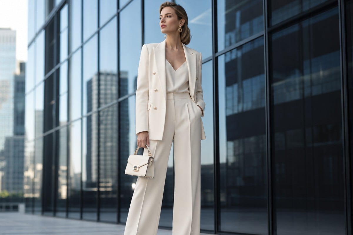 A women adds suit to black dress after