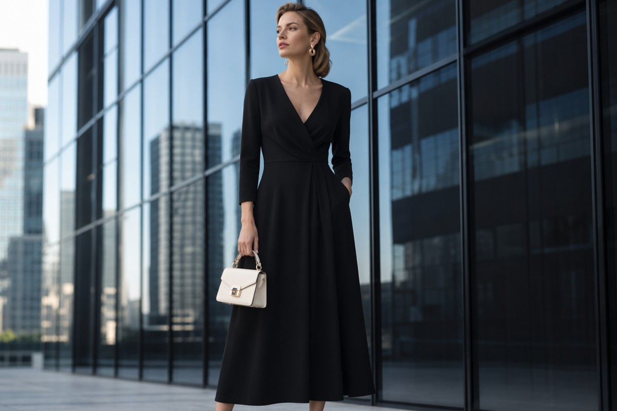 A women adds suit to black dress before