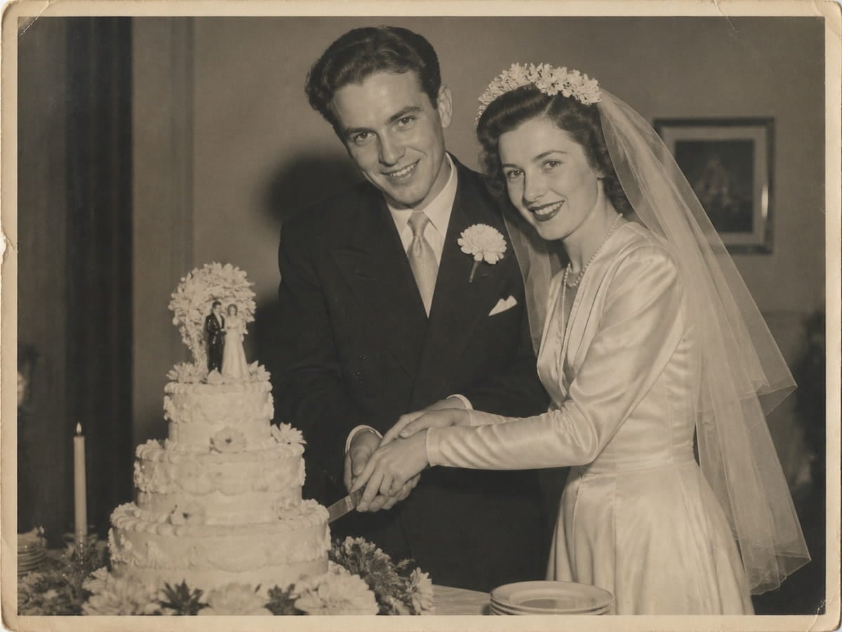 A yellowed vintage wedding photo of a couple