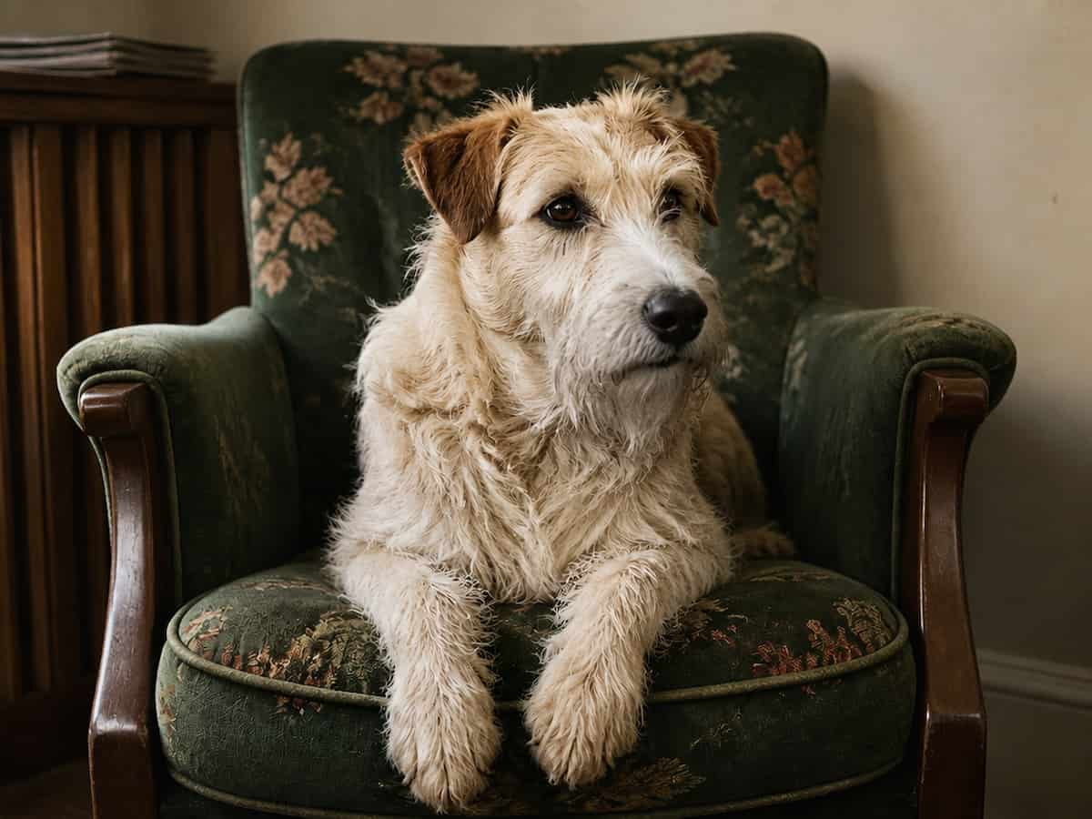 An ai colorized photo of a cute dog on a sofa