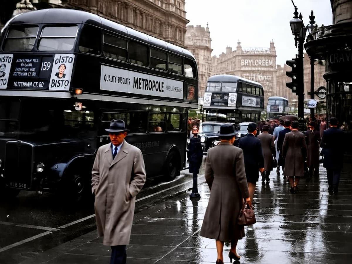 An ai colorized photo of people and a bus on a rainy street scene 1