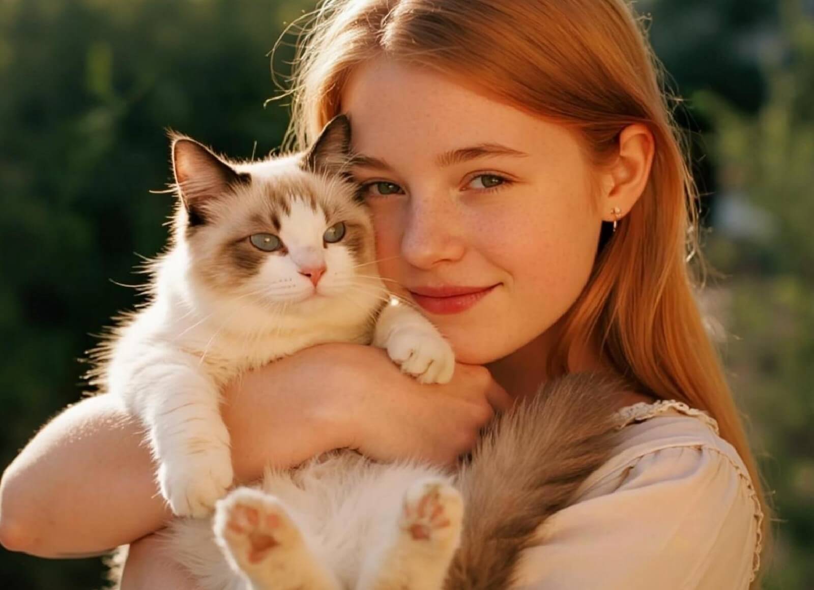 gambar seorang gadis kecil yang sedang menggendong seekor kucing yang telah ditingkatkan dengan ai
