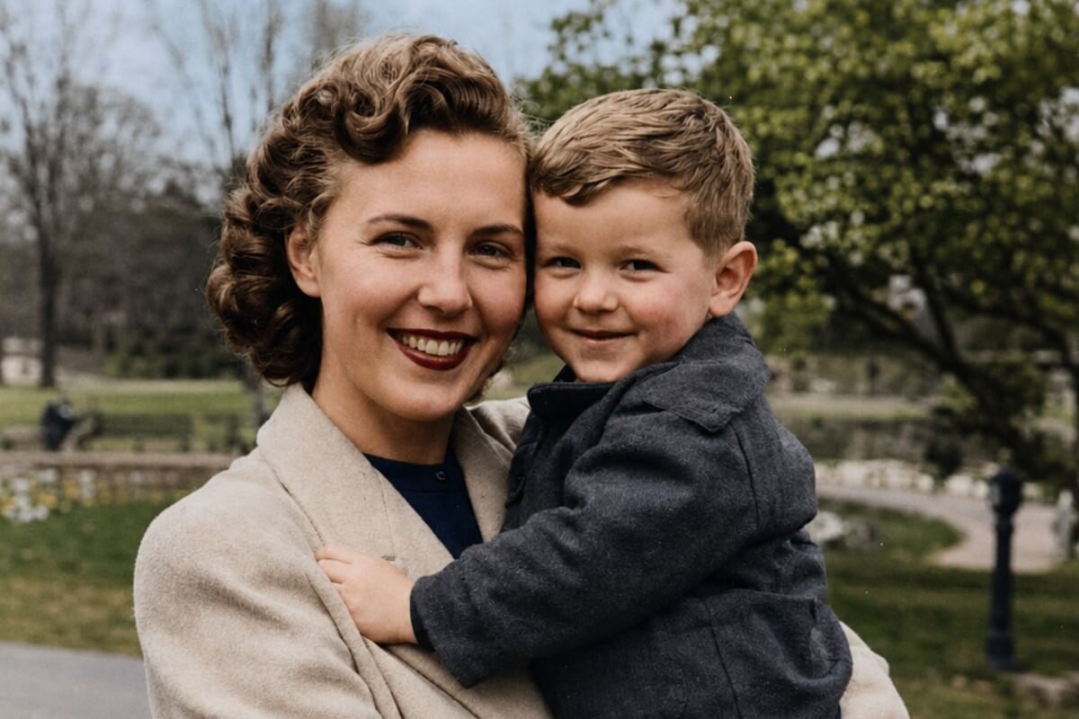 An ai restored and colorized old photo of a mother and child together