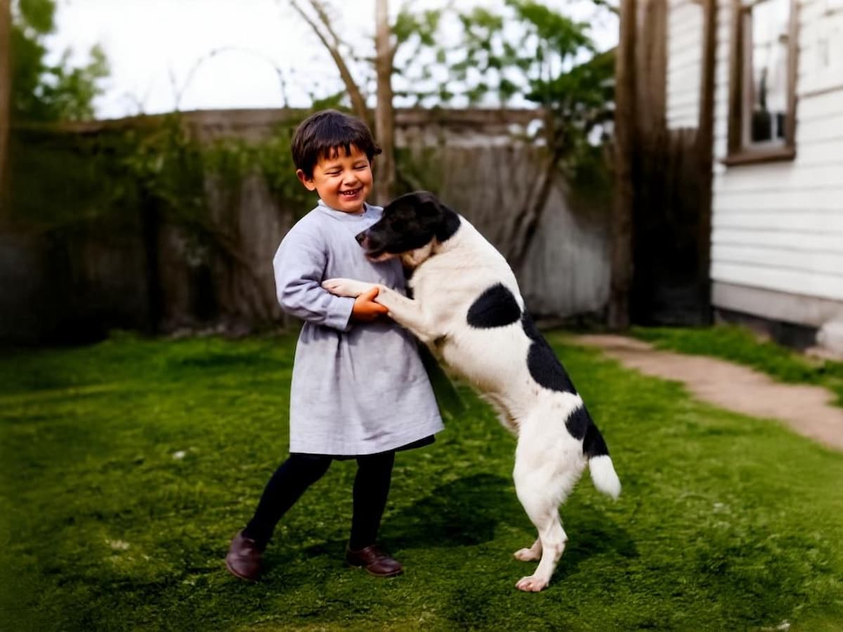 An ai restored photo of a child playing with a dog in the backyard