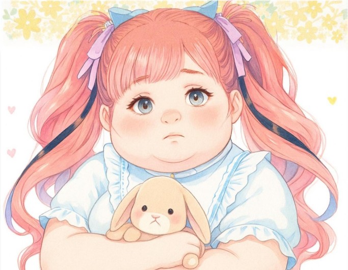 An anime image of a cute woman holding a plush toy after applying a fat filter