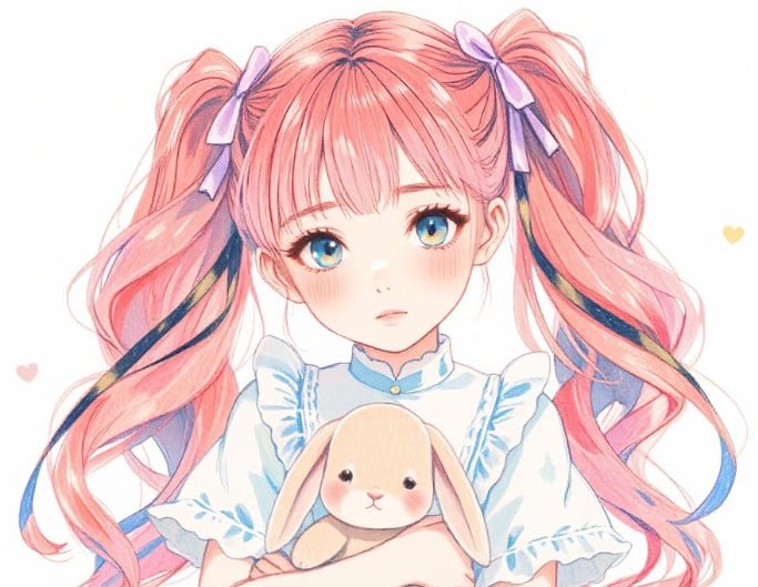 An anime original image of a cute woman holding a plush toy