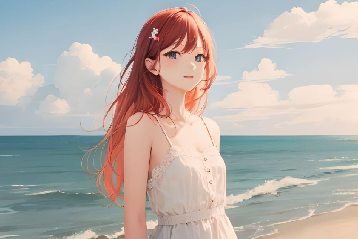 An anime original image of a girl in a white dress at the beach