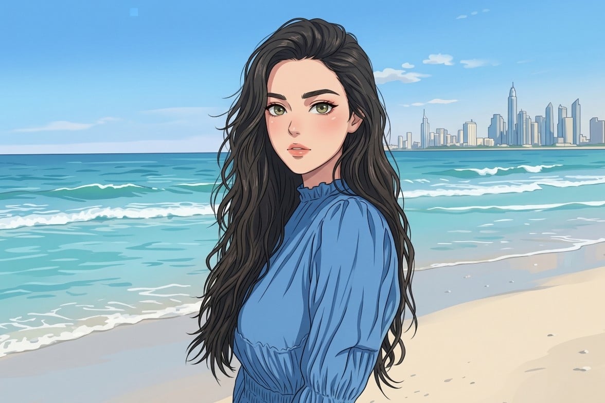 An anime original image of a woman at the beach