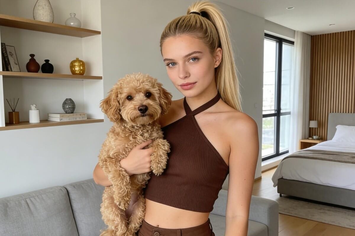 An edited photo of a woman with facial and body skin blemishes removed