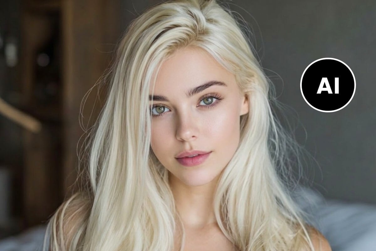 An edited photo of a woman with platinum blonde hair with blemishes removed using fotor ai blemish remover