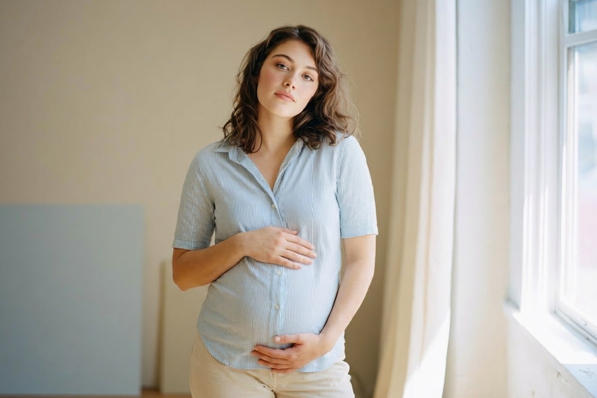 An effect photo of a beautiful woman standing by the window with fotor ai pregnant filter applied