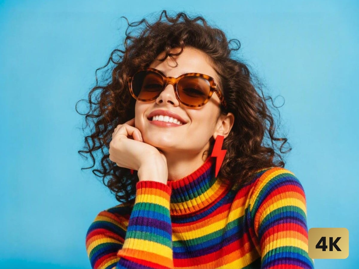 An image of a curly haired woman wearing a colorful sweater and sunglasses enhanced with fotor 4k image upscaler