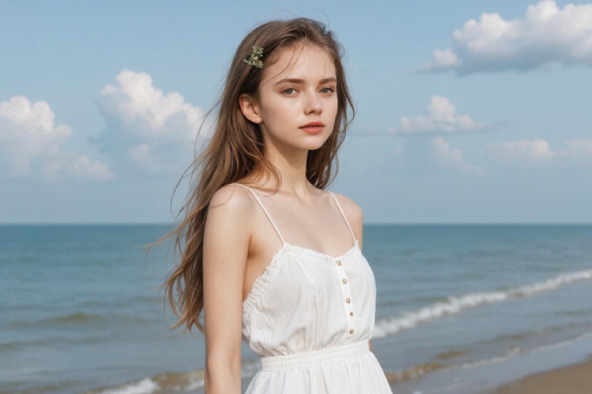 An image of a girl in a white dress at the beach converted from anime to real