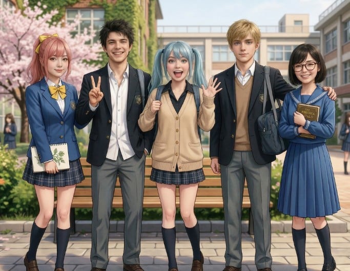 An image of a group of characters in a school setting converted from anime to real