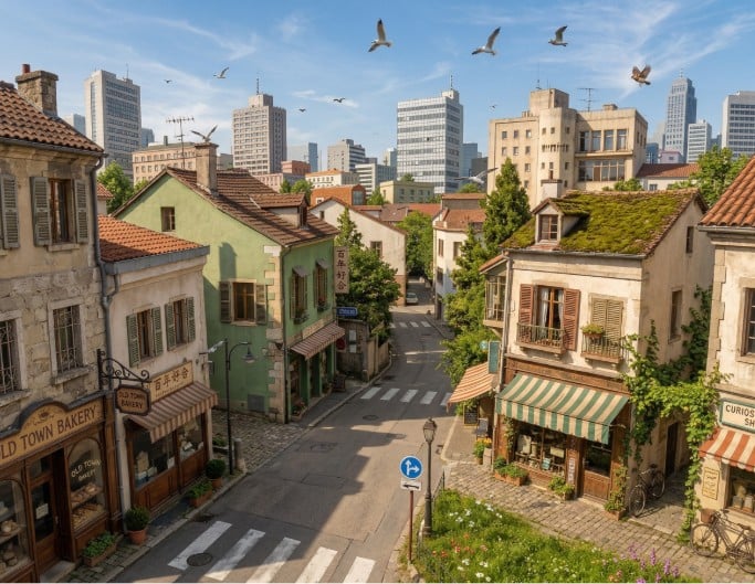 An image of a street scene converted from anime style to real