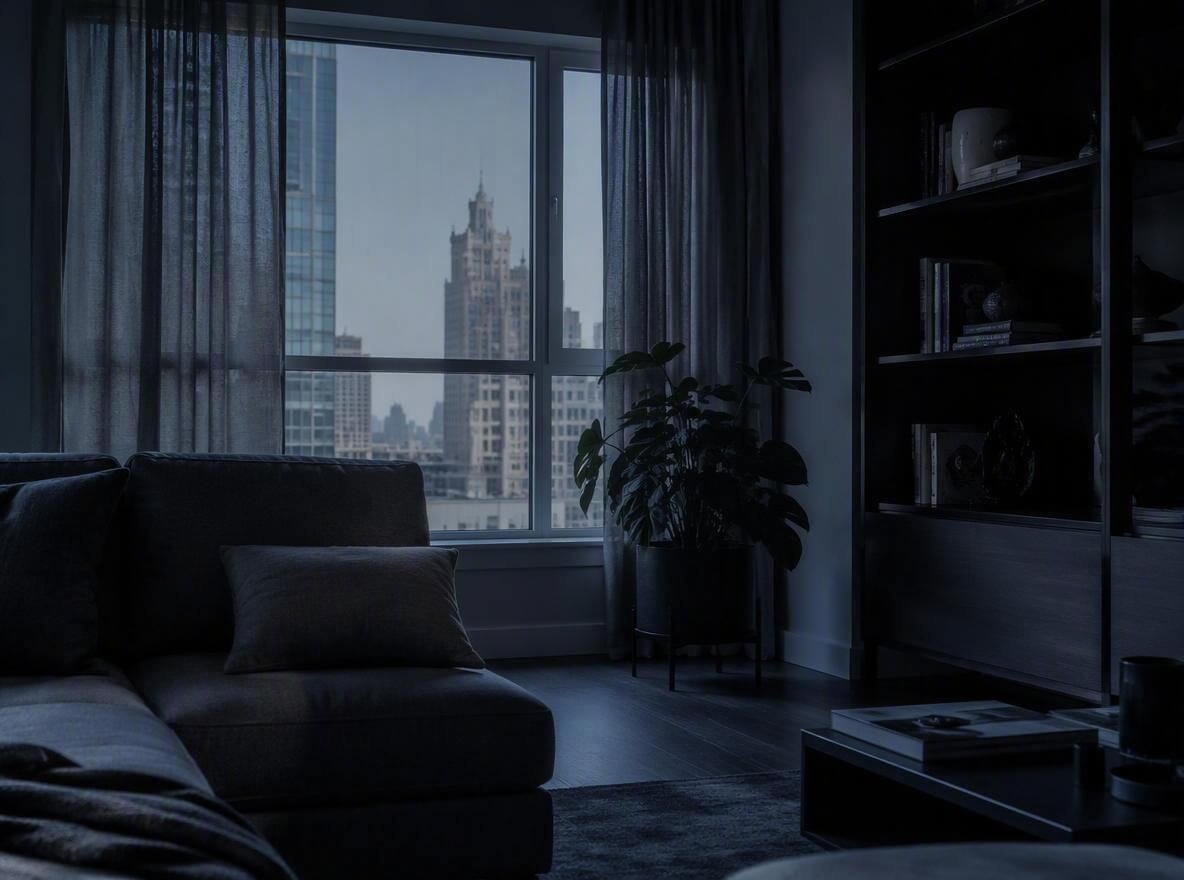 An indoor scene photo with low lighting and unbalanced warm and cool tones