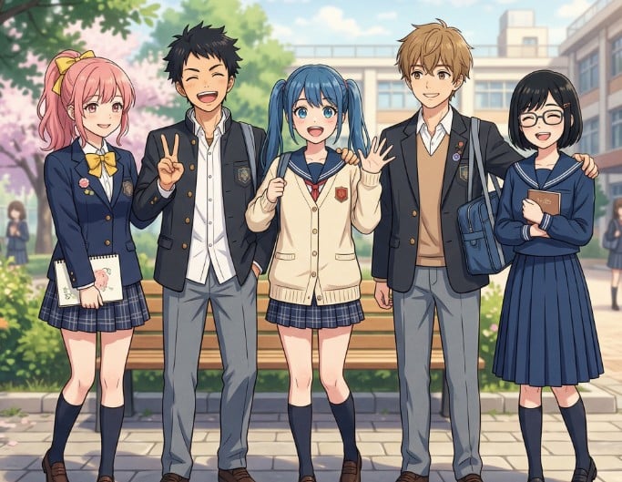 An original image of a group of characters in an anime school setting