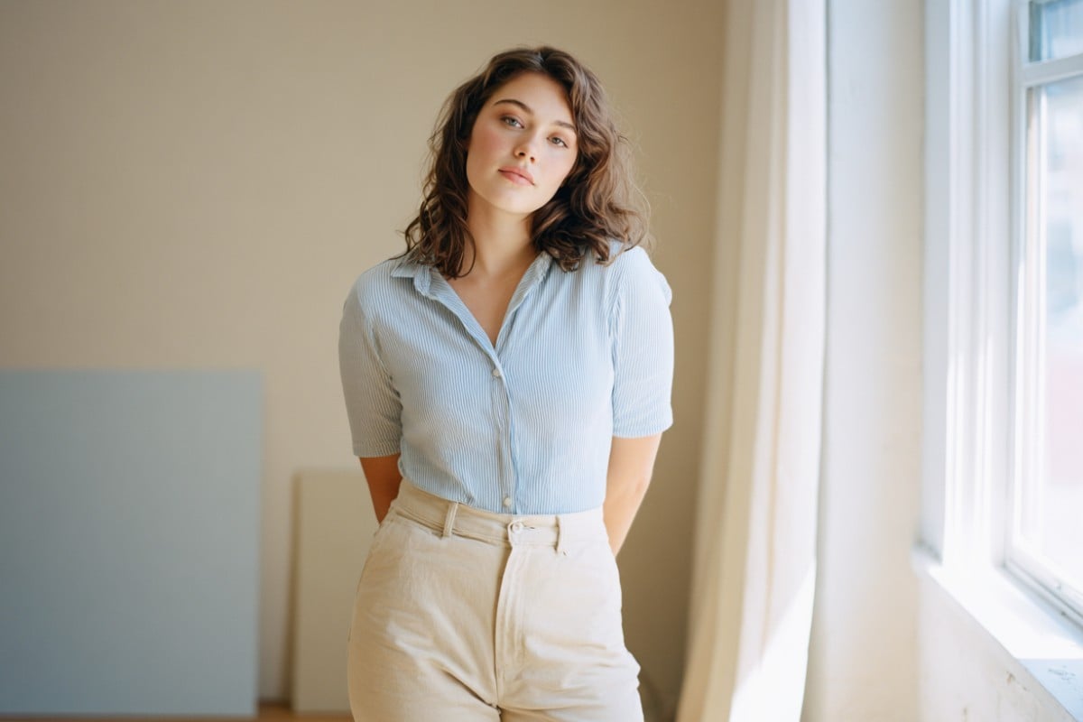 An original photo of a beautiful woman standing by the window