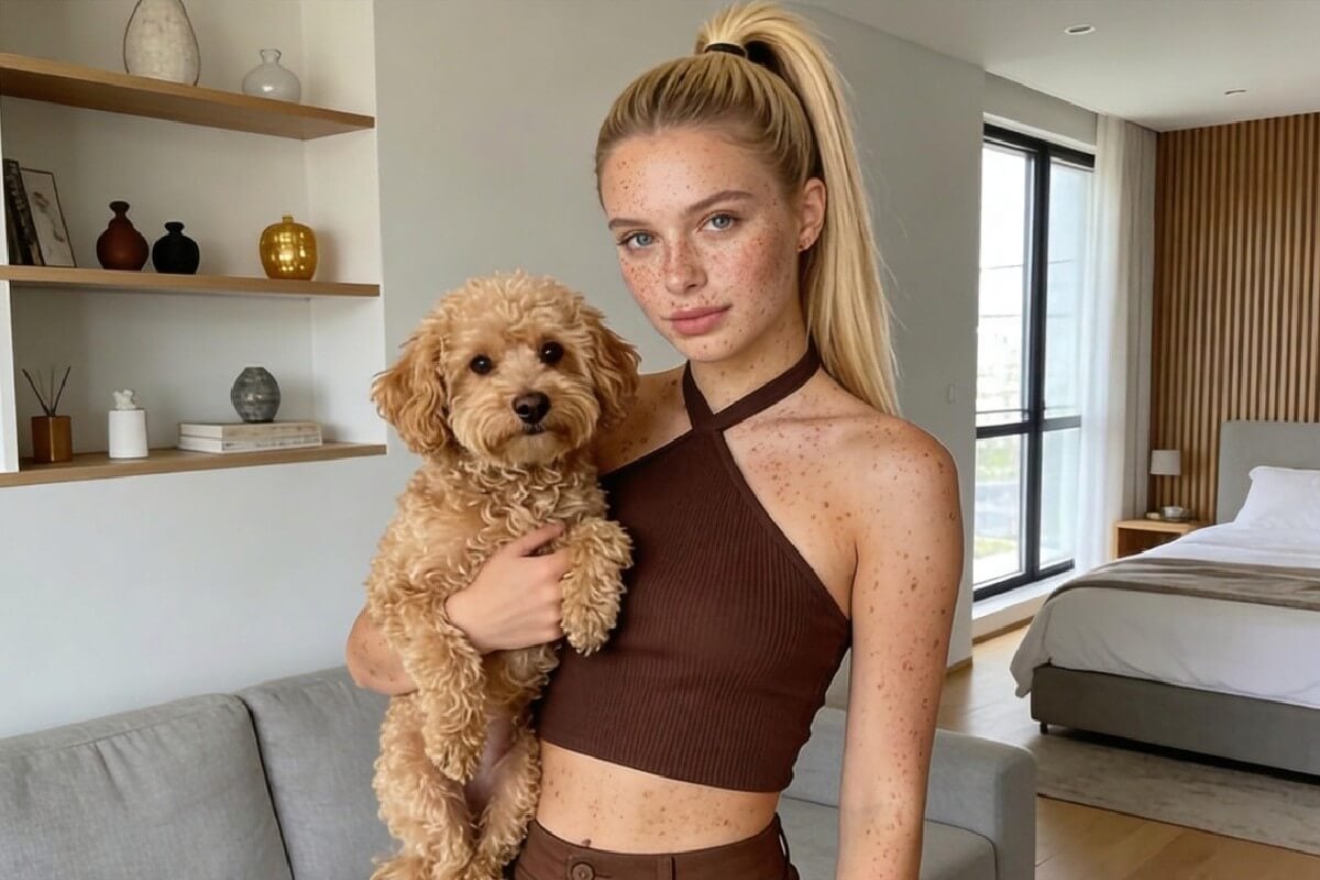 An original photo of a woman with facial and body skin blemishes