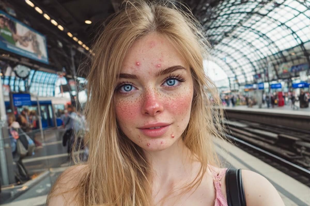 An original photo of a woman with multiple facial blemishes