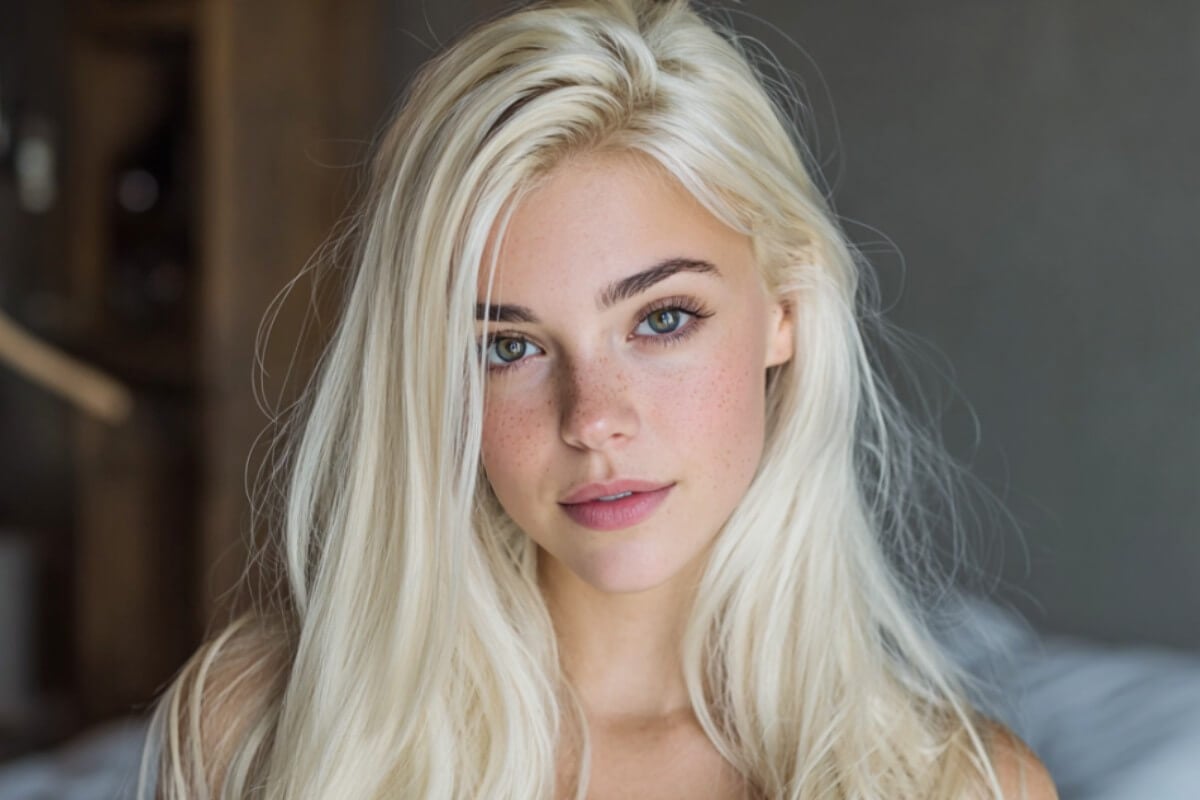 An original photo of a woman with platinum blonde hair and facial blemishes