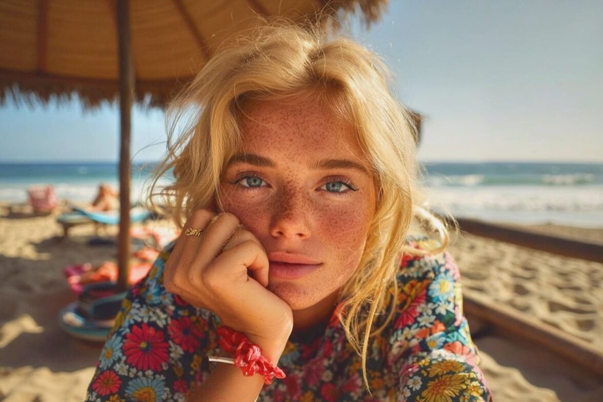 An original photo of a woman with sunburned skin and blemishes