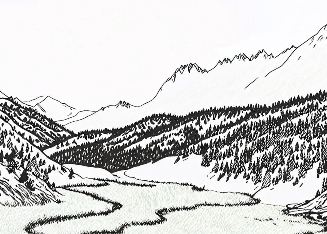 Convert a beautiful landscape photo in autumn to sketch after
