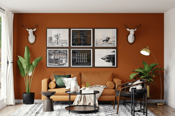Ein wohnzimmer mit roter wandfarbe