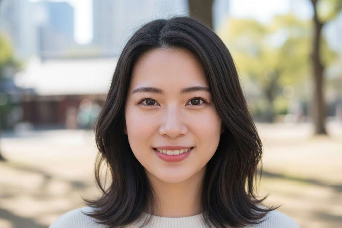 茶色の巻き髪で白い服を着た笑顔の若い女性