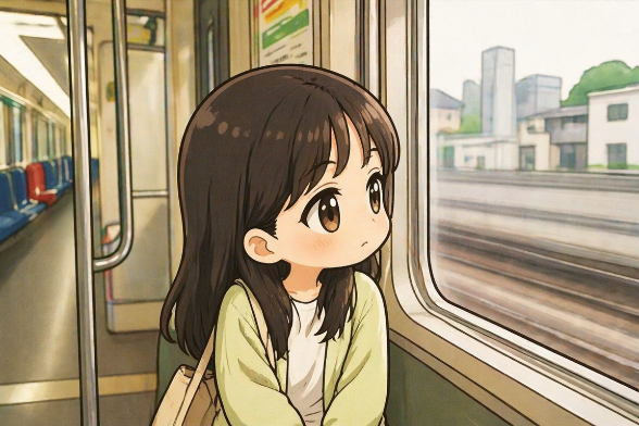 電車に座る女性ちびキャラ一人が窓の外を望んでいる