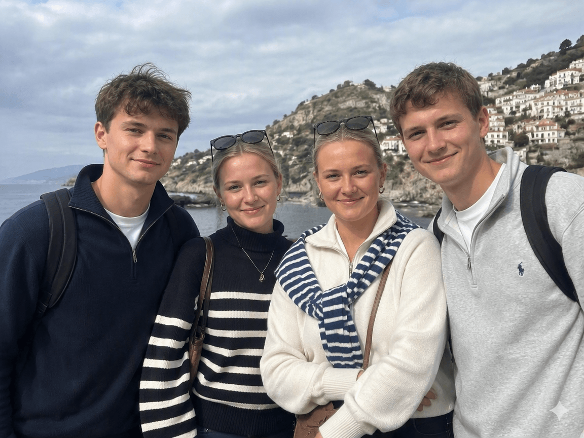 Four friends group photo after ai fix closed eyes