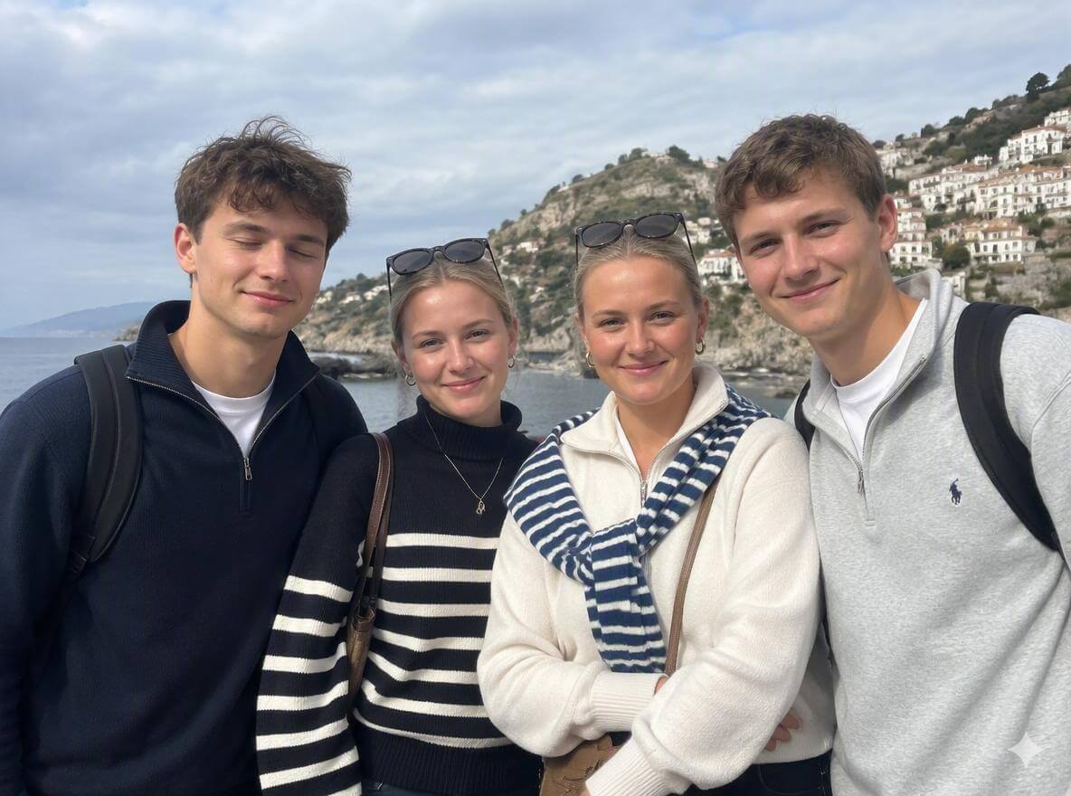 Four friends group photo with closed eyes