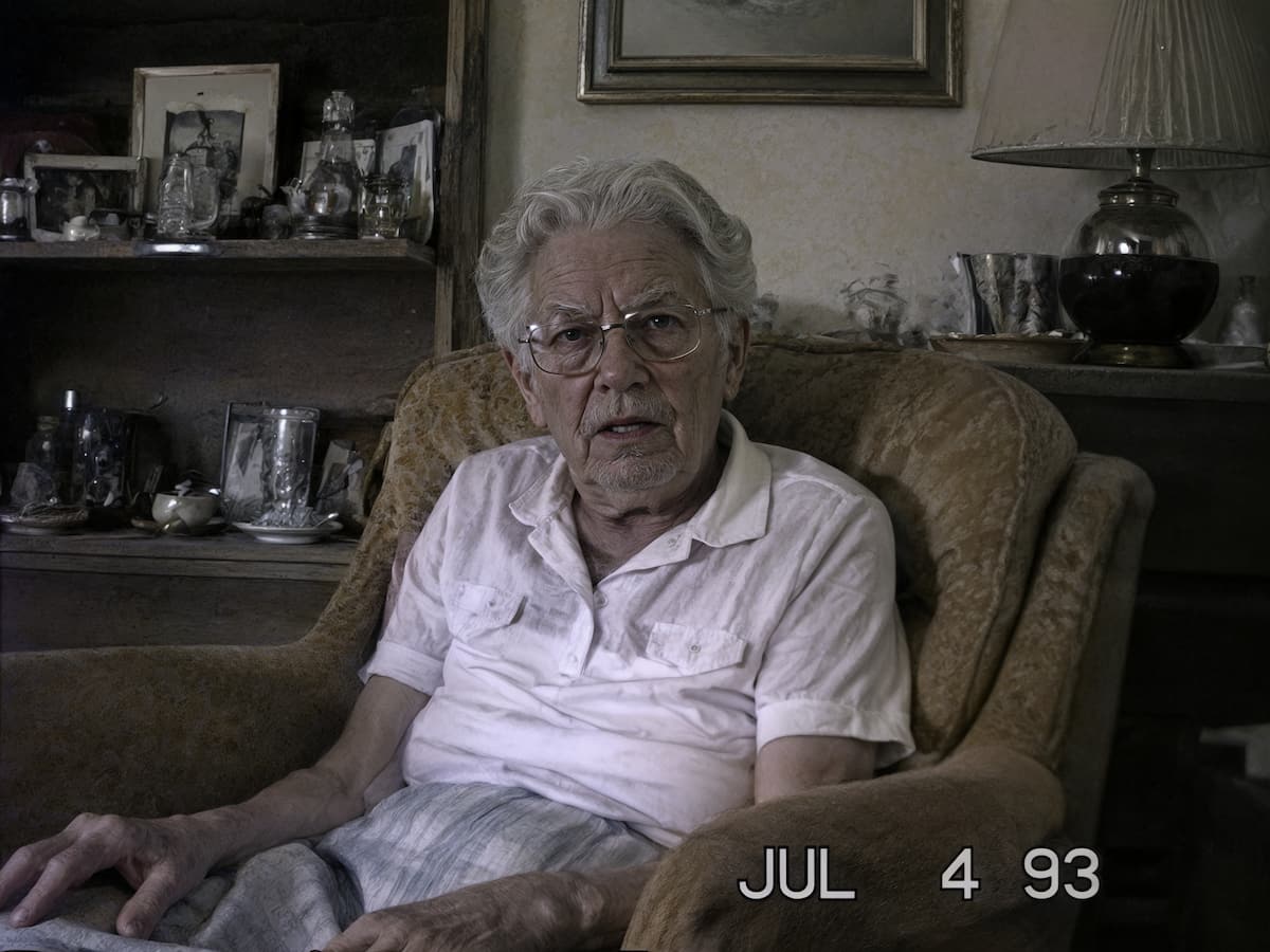 High quality video of an old man sitting on a sofa after ai upscaling