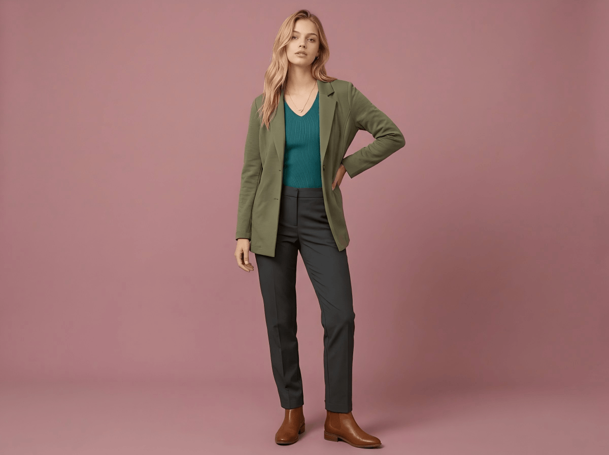 Model wearing all clothing elements from the flatlay photo