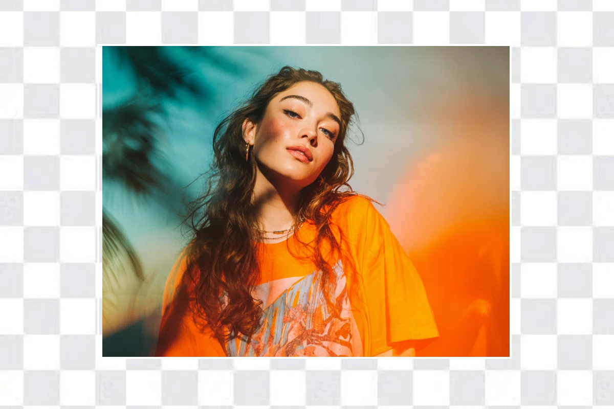 Original landscape portrait of a woman wearing an orange T shirt