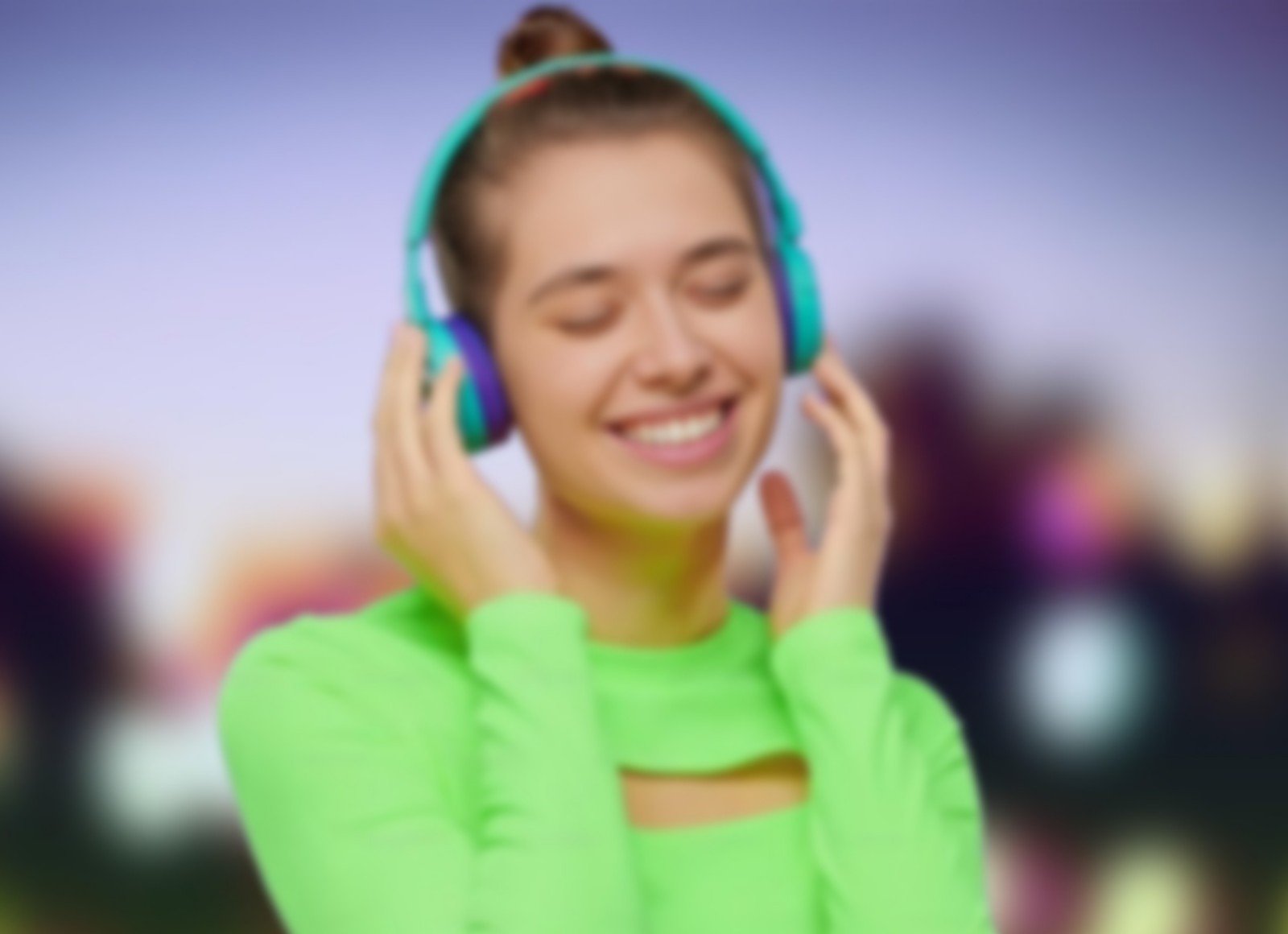 Photo enhancer blurry banner featuring a person enjoying music with headphones