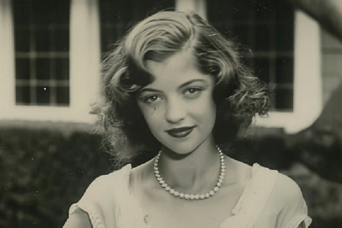 Photo restoration and colorization original image featuring a woman with pearl necklace