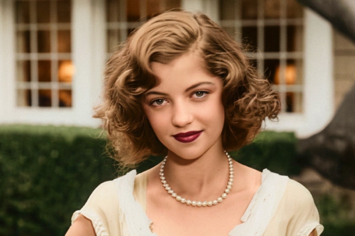 Photo restoration and colorization result featuring a woman with pearl necklace