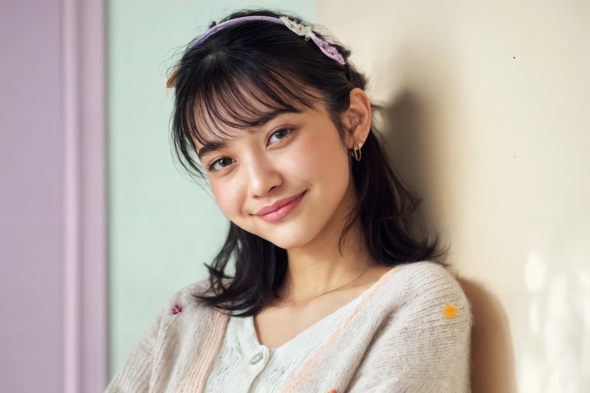 壁に立ち寄る女性が笑っているリアル女性画像