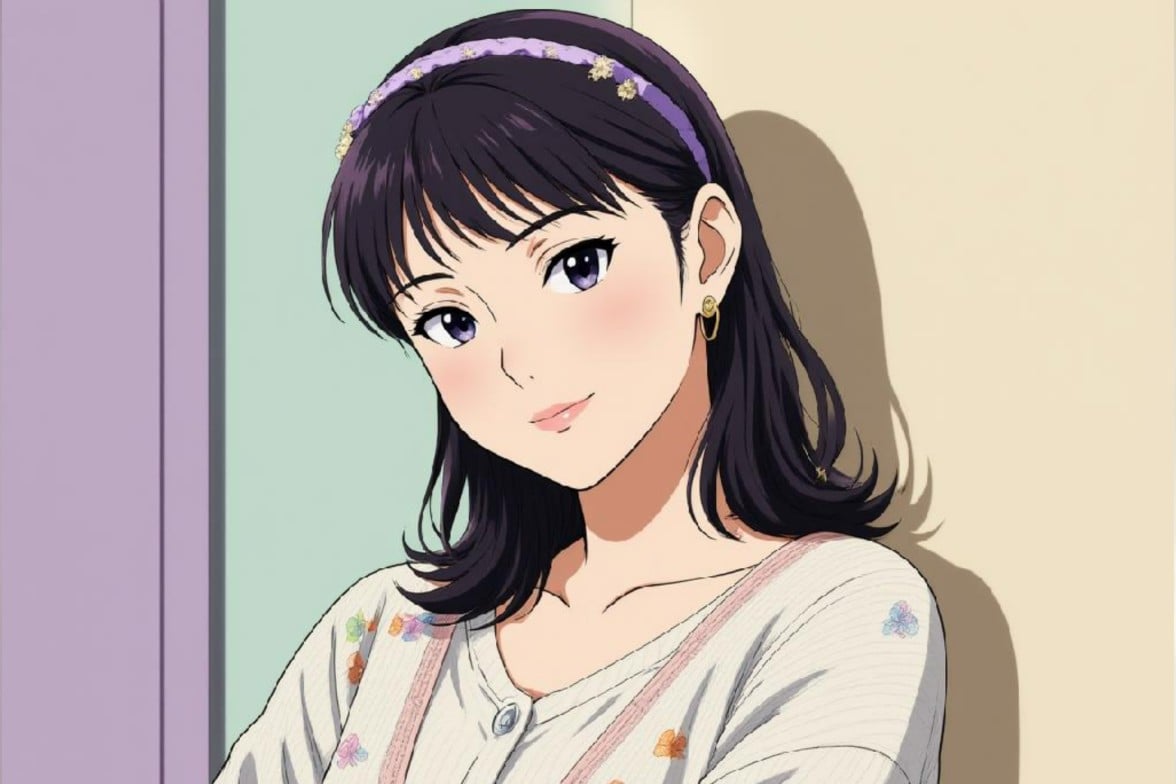 壁に立ち寄る女性が笑っている二次元女性画像