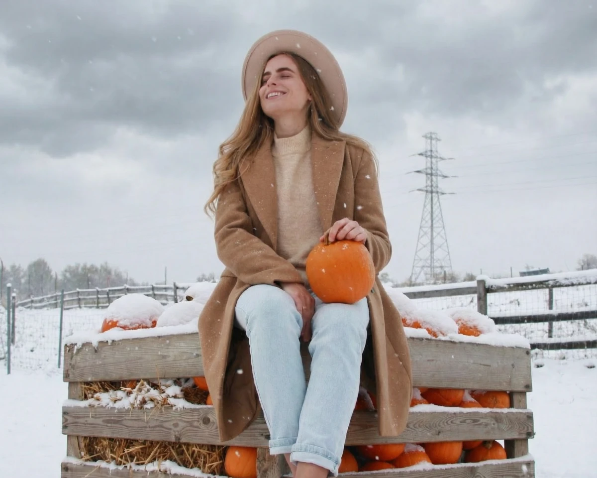 Plain portrait of a woman under a gloomy winter sky with overcast clouds