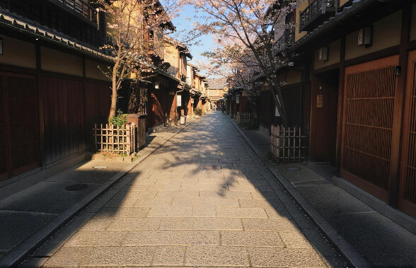 夕日にある桜が満開している町