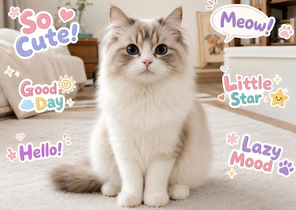 Sample cat photo with multiple text stickers