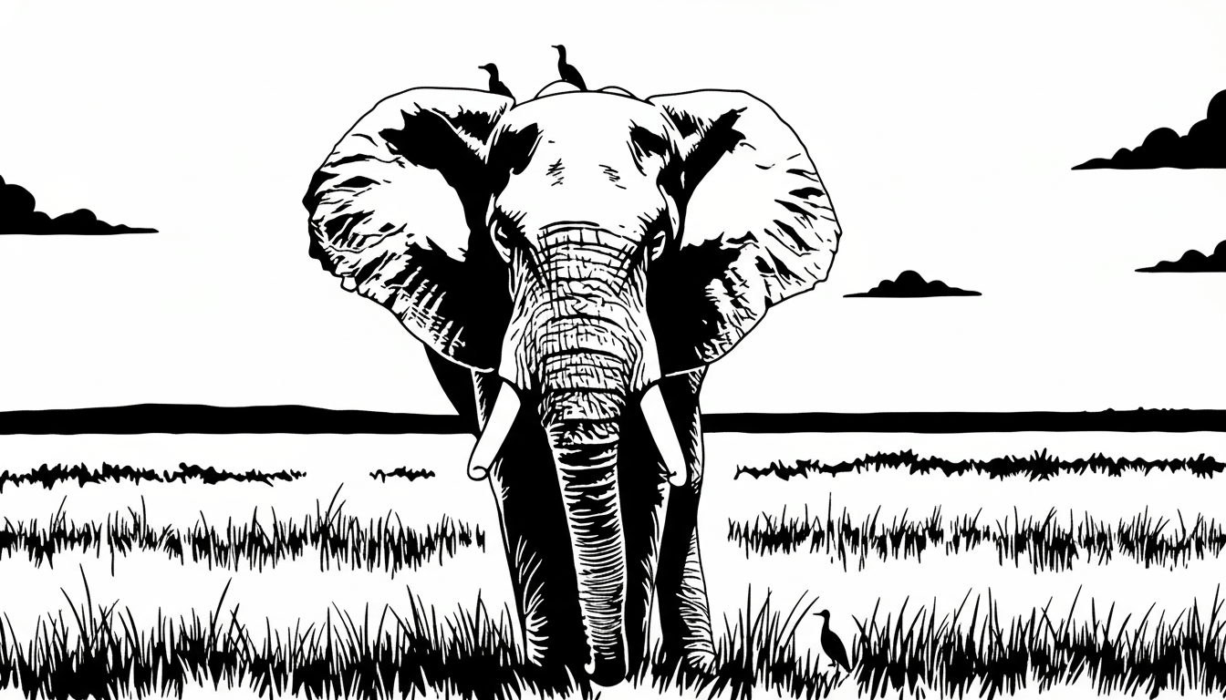 Stencil version of an elephant in a grassland