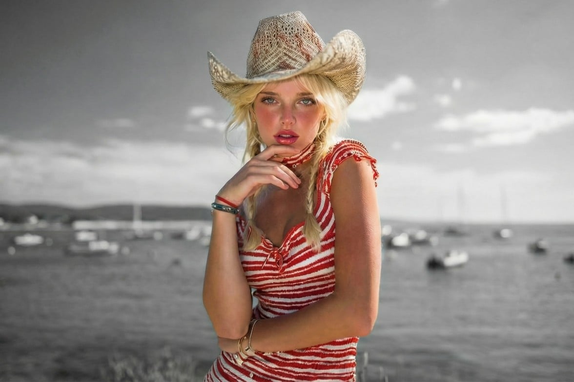 The color splash effect photo of a girl by the sea