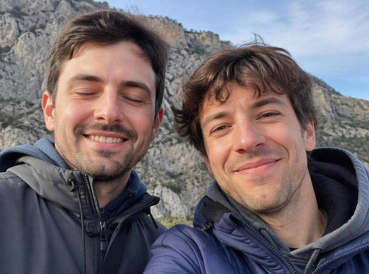 Two men selfie with closed eyes in a photo
