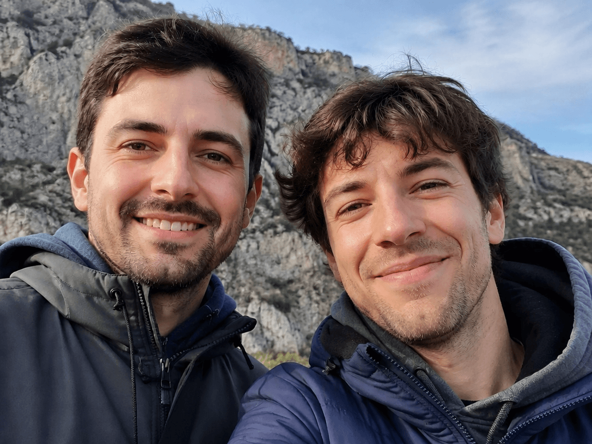 Two men selfie with open eyes after ai eye editing