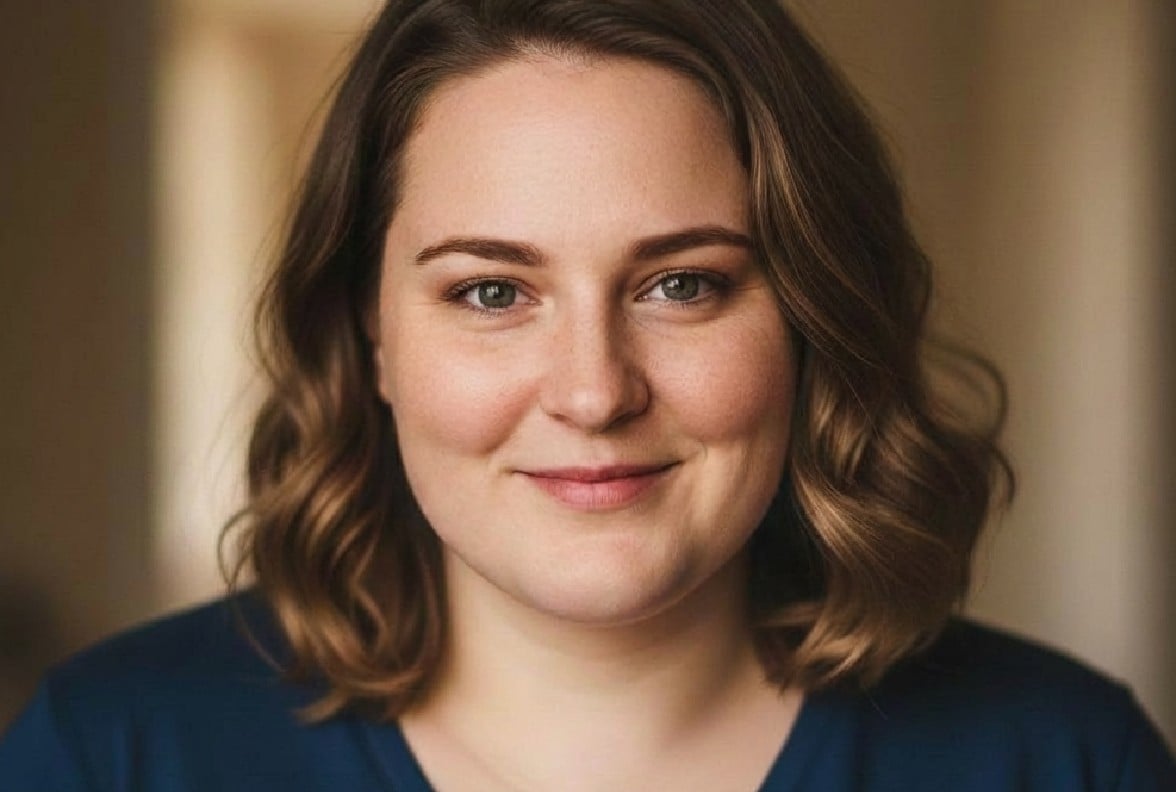 Use fotor to remove double chin for the woman with slightly curled short hair