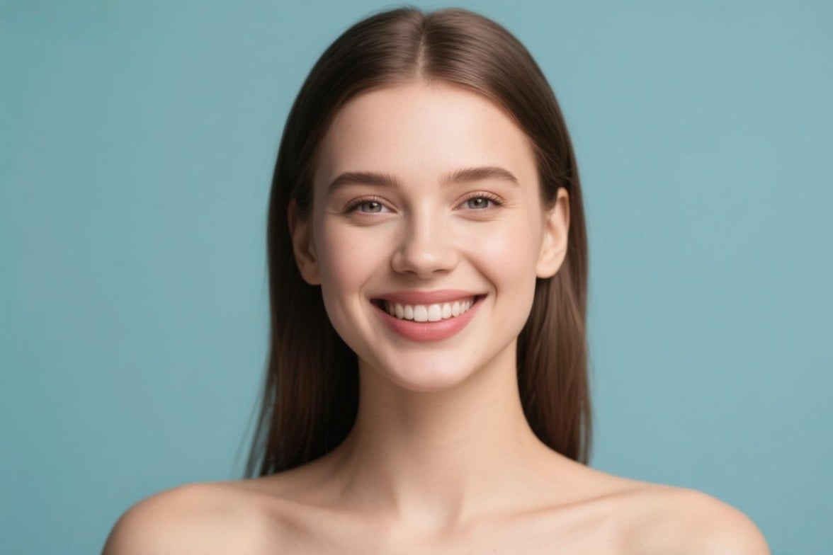 使用 Fotor提升畫質後的一張長髮微笑的女性照片